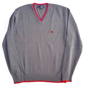 Lion of Porches‎ London Gray Wool V-Neck Sweater with Red Accents Medium